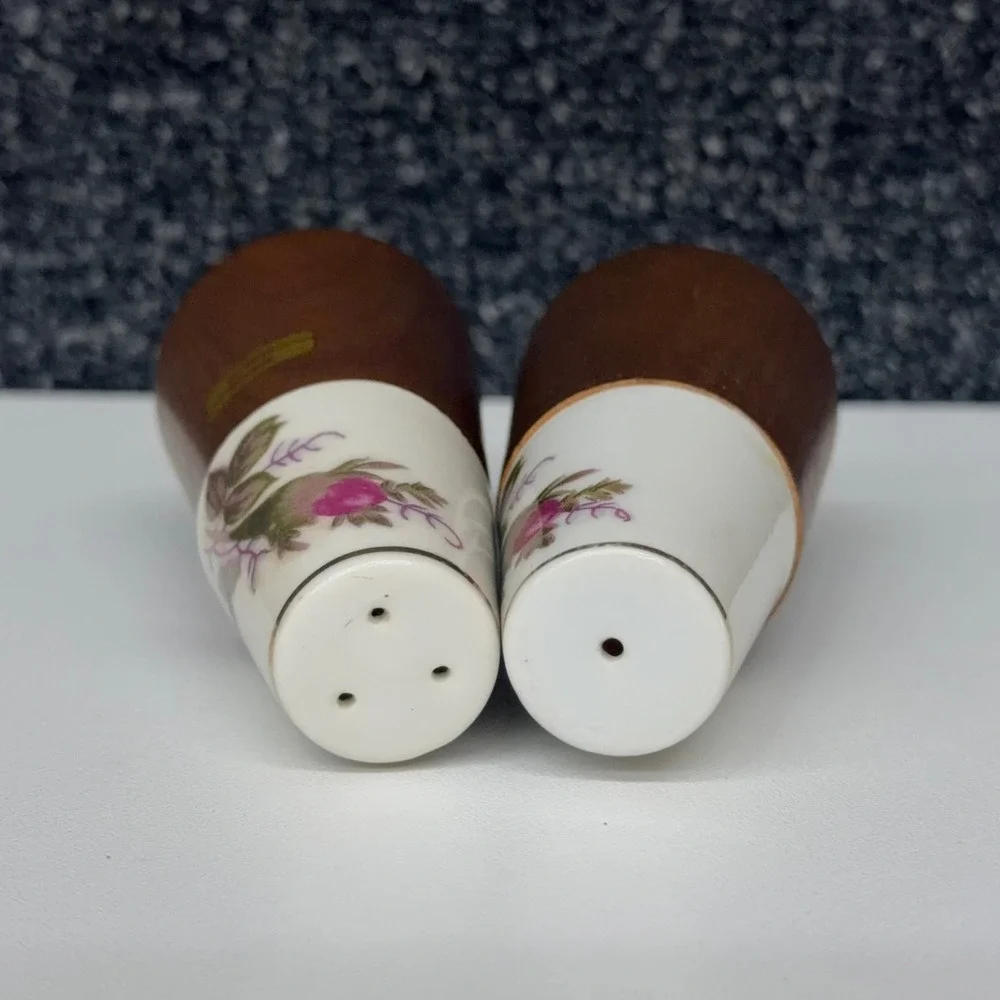 Vintage Nevco Japan Wood and Ceramic Floral Salt and Pepper Shakers Set MCM Rose
